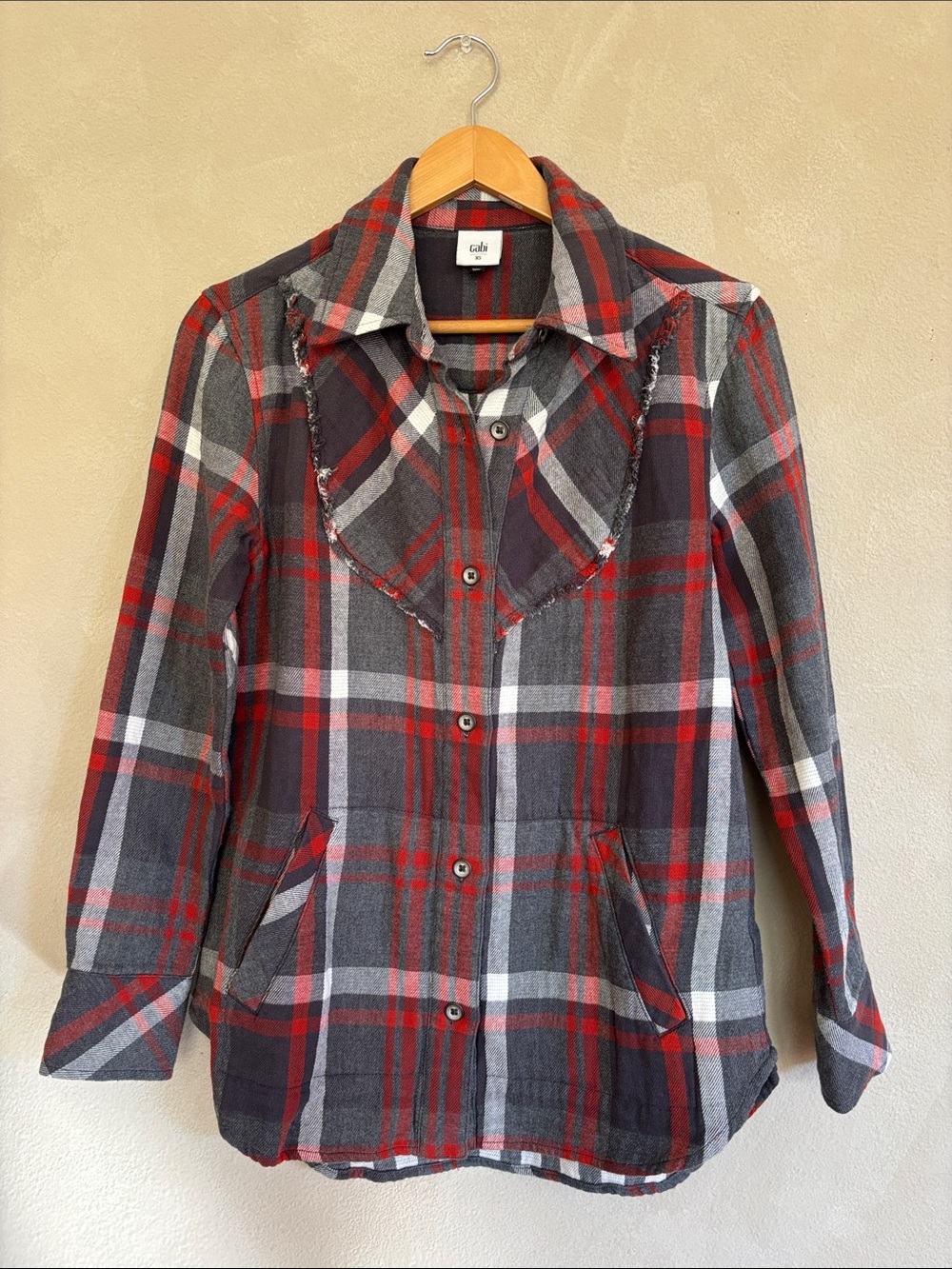 CAbi Tavern red gray plaid button front top